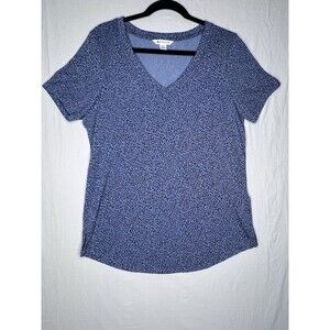 ATHLETA BLUE MICRO CHEETAH SCOOP V-NECK SHORT SLEEVE BREEZY TEE T-SHIRT Sz L